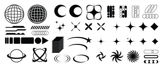 Collection of geometric shapes on white background. Abstract black color icon element of wireframe, star, sparkling, different shapes. Icon graphic design for decoration, logo, business, ads. © TWINS DESIGN STUDIO