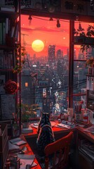 Obraz premium Cat gazing at city sunset from a cluttered artist's desk in a cozy urban apartment.