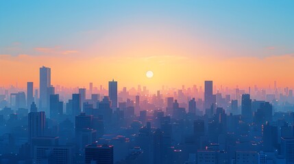 Fototapeta premium Minimalist Cityscape at Sunrise with Geometric Shapes and Serene Color Palette