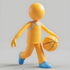 Fototapeta premium Animated character in an orange basketball outfit, blue shoes, and dribbling a basketball, showcasing a playful, sporty scene with simple, vibrant design.