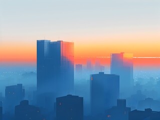 Fototapeta premium Majestic Cityscape at Misty Dawn with Vibrant Sunrise Hues