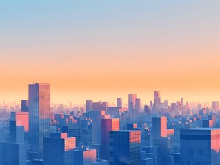 Fototapeta premium Minimalist Cityscape at Dawn Geometric Skyscrapers in Soft Blue and Orange Palette