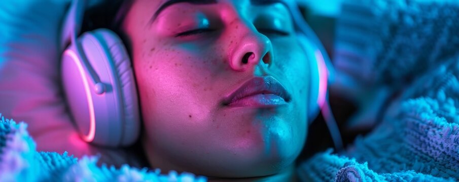 Woman sleeping with headphones on, illuminated by blue and pink light.