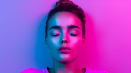 Naklejka premium A woman's face illuminated by vibrant blue and pink light. Her eyes are closed, creating a sense of serenity and mystery.