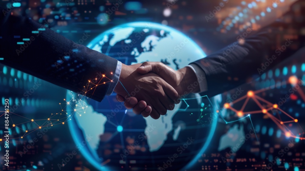 Poster businessmen handshake global stock market graph bar chart globe network connection links diagram bac