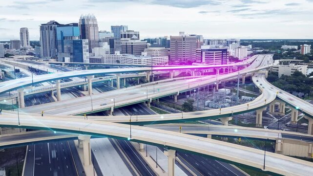 Futuristic digital city with glowing light trails animation. Aerial hyper lapse over busy highway interchange. Modern cityscape skyline.  Smart city, self driving, artificial intelligence theme. - Powered by Adobe