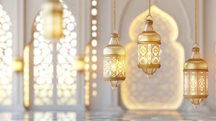 Ramadan elegant white and golden luxury ornamental background with decorative lantern - Arabic islamic Background