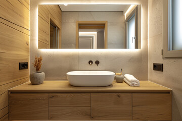 A mid-century modern bathroom with a wooden accent wall, floating vanity, and a frameless mirror with backlighting.