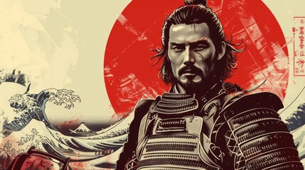 Vintage-poster vector art of a portrait of a man in a samurai armor holding a helmet, set against a Japanese wave pattern background, vintage art, flat 2d illustration art