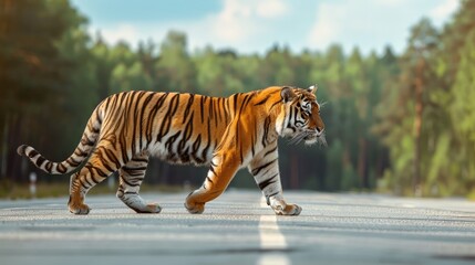 Obraz premium Majestic Tiger on Asphalt: The awe-inspiring image unveils a solitary tiger, confidently striding on asphalt road, flanked by an endless verdant forest. This photo encapsulates raw power. 