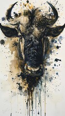 A highly detailed, expressive wildebeest's face with a focused gaze, blending into an abstract watercolor and ink splatter background. The wildebeest's fur is depicted with a mix of dark and vibrant