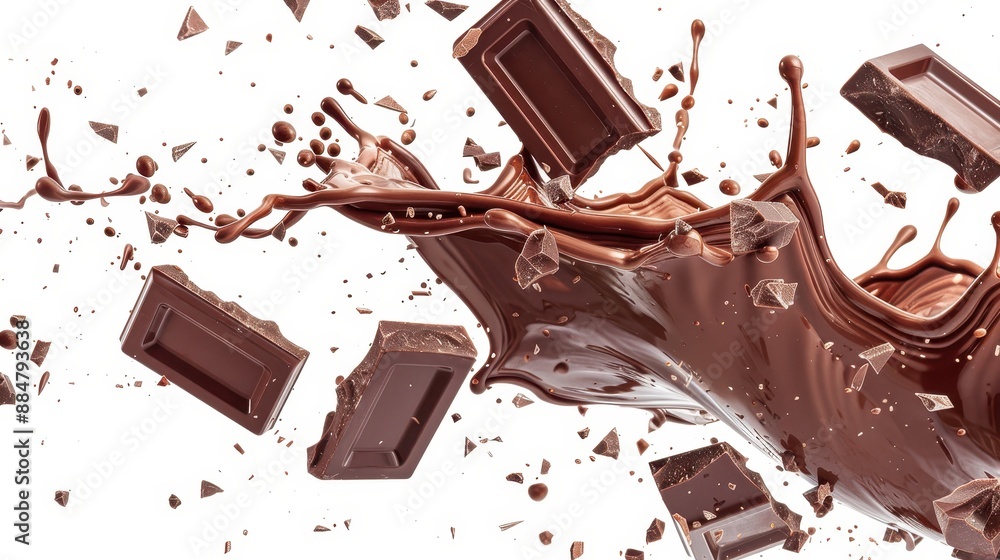 Poster exploding chocolate bars in an elegant high-definition art composition