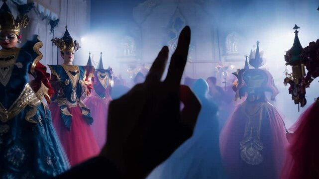 Ornate masked figures gather in a lavish ballroom. Sweeping camera reveals intricate costumes and masks, bathed in ethereal blue and pink light. Atmosphere buzzes with mystery and elegance.	