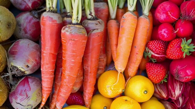 A colorful mix of fruits including bananas strawberries and gs are stacked together next to a variety of veggies like beets and carrots for a wellrounded smoothie menu.