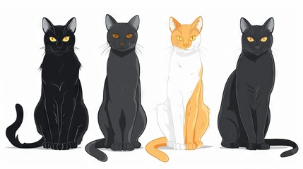 Group of cats sitting on white background