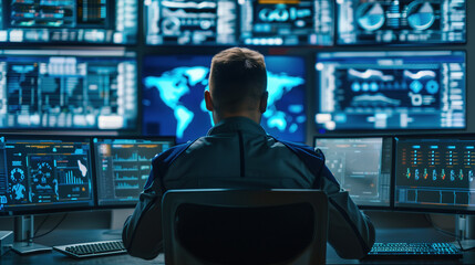 Diligent Cybersecurity Administrator Monitoring Cloud Infrastructure in State-of-the-Art Data Center