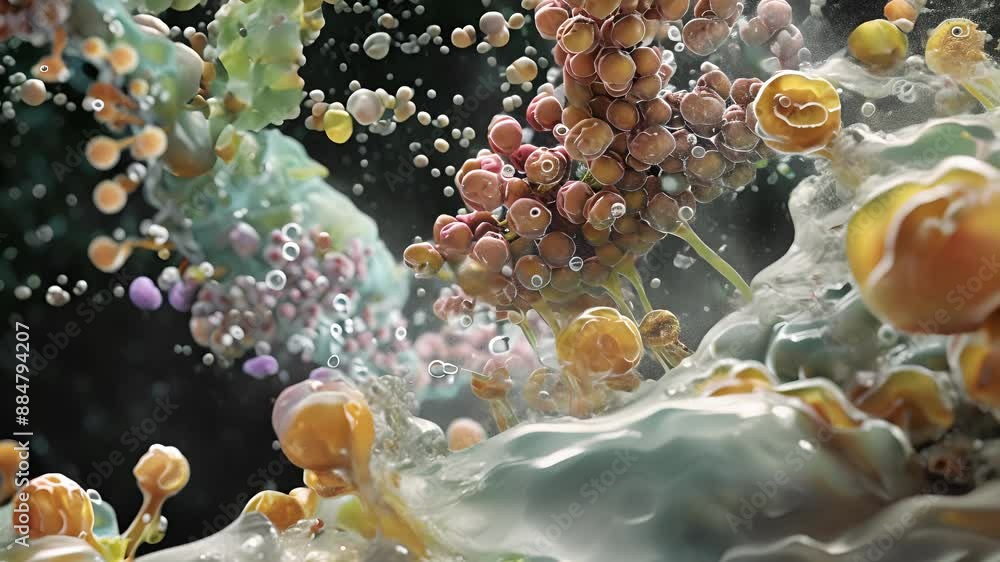 Poster a detailed image of cellular adhesion molecules at work actively binding and unbinding to facilitate