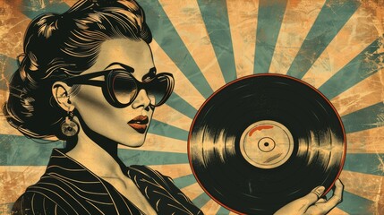 Vintage-poster of a stylish woman with cat-eye glasses holding a vinyl record , set against a sepia-toned, radial burst background