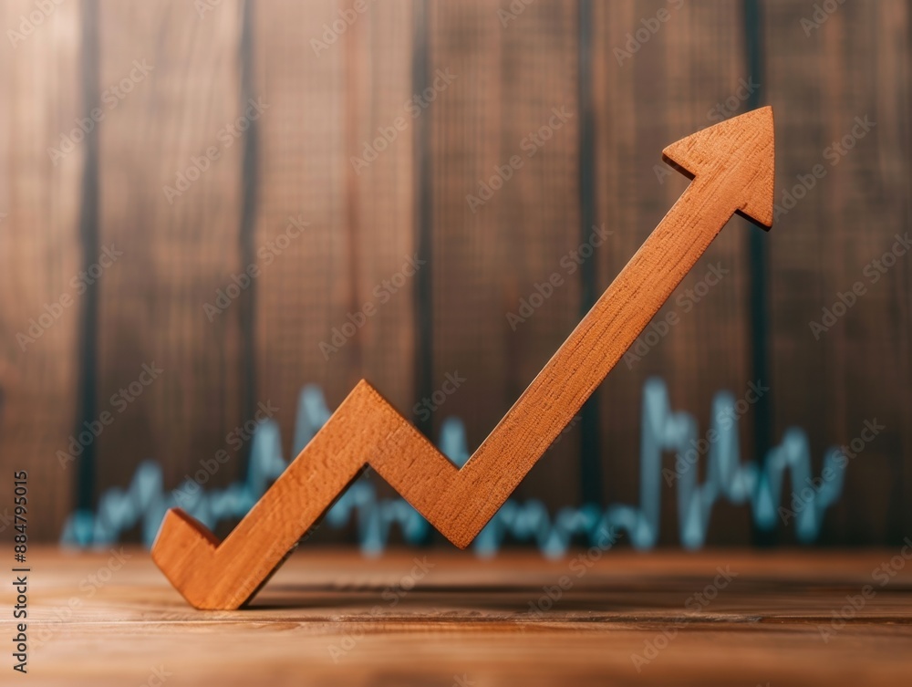 Poster business success concept with upward arrow chart, progress illustration with copy space, focus on al