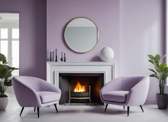 Living room with armchairs, pastel colors, lilac, retro, old-fashioned, luxury, fireplace.
