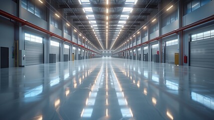 Fototapeta premium Empty Modern Warehouse. A vast, empty warehouse with a polished floor and high ceilings, ready for logistics and storage operations.