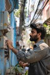 Indian Skilled electrician installing meter in a residential house
