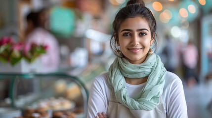 indian female staff standing confidently at restaurant