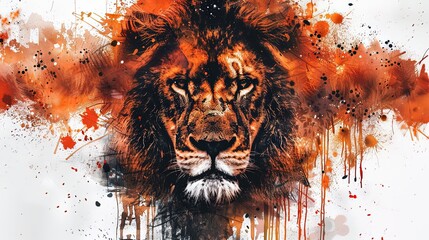 A highly detailed, expressive lion's face with a fierce gaze, blending into an abstract watercolor and ink splatter background. The lion's fur is depicted with a mix of dark and vibrant orange hues,