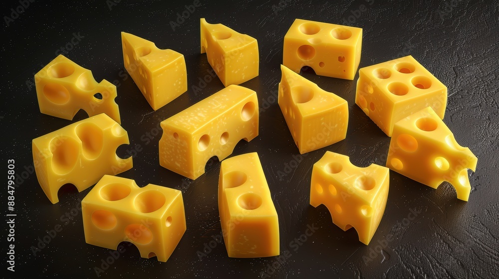 Poster assorted swiss cheese chunks on slate black surface with dark background