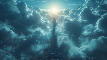 Jesus walking up stairway to heaven through clouds in the sky after death.