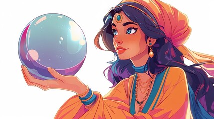Naklejka premium The cartoon fortune teller woman looks splendid as she gazes into the future with a mystical crystal ball against a white background