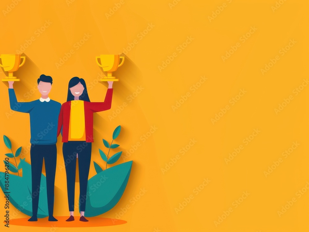 Poster celebrating business success with flat design illustration featuring copy space, emphasizing depth o