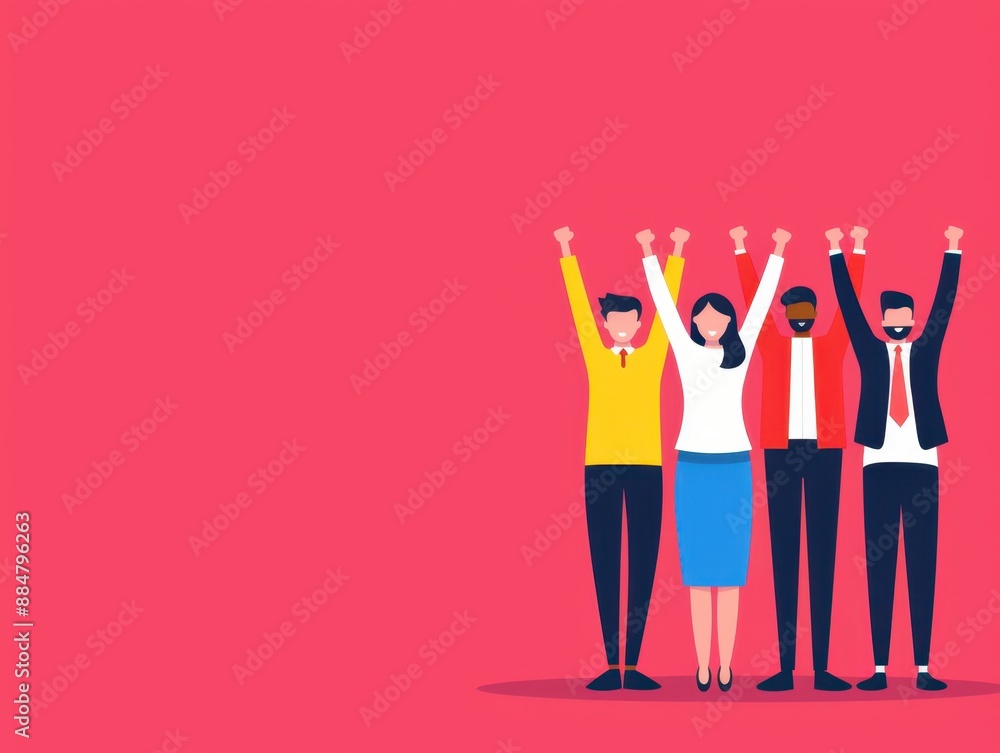 Poster flat design illustration of team celebrating innovative notion with copy space, emphasizing business