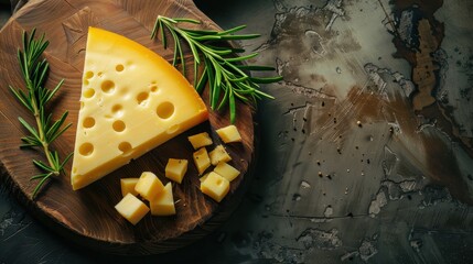 Delicious Cheese Wedge on Wooden Board with Rosemary Sprigs