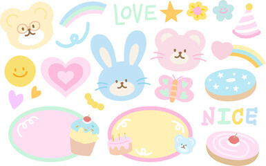 Pastel illustration of teddy bear, bunny, rainbow, star, flower, butterfly, heart, donut, cupcake, party hat for cartoon character, animal, zoo, easter, floral print, name tag, kids, patches, brooch