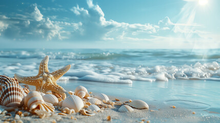 A serene beach scene with seashells and a starfish on the sandy shore, waves gently crashing in the background under a sunny sky.