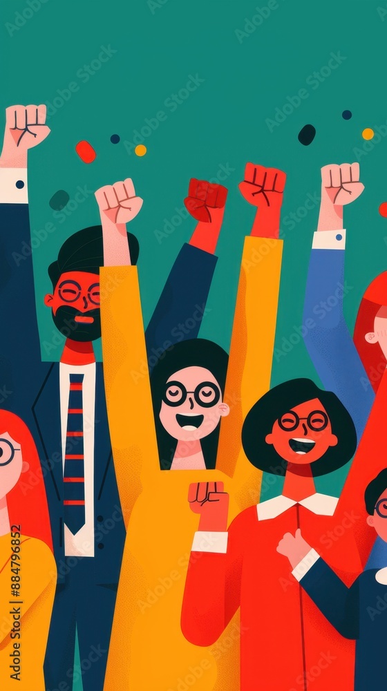 Poster flat design illustration of corporate professionals celebrating successful notion with copy space, f