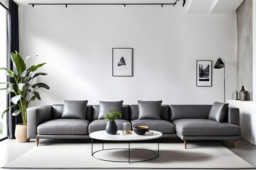 Cozy minimalist living Room with Leather couch set and White Wall. Generative ai