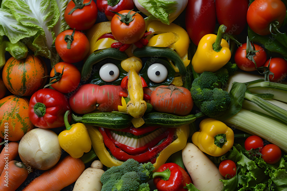 Poster a whimsical design or face using different vegetables, adding a playful element