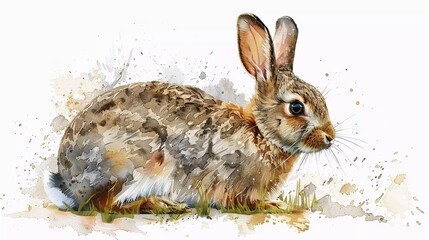 Obraz premium Watercolor illustration of a brown rabbit, isolated on a white background. Conceptual wildlife animal art that combines abstract brush strokes with realistic touches which is very beautiful