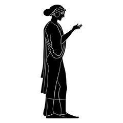 Standing ancient Greek girl in profile with raised hand. Ethnic vase painting style. Black and white silhouette.