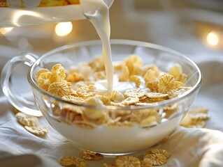 Pouring Milk into Bowl of Crisp Cornflakes on Bright Blurred Background