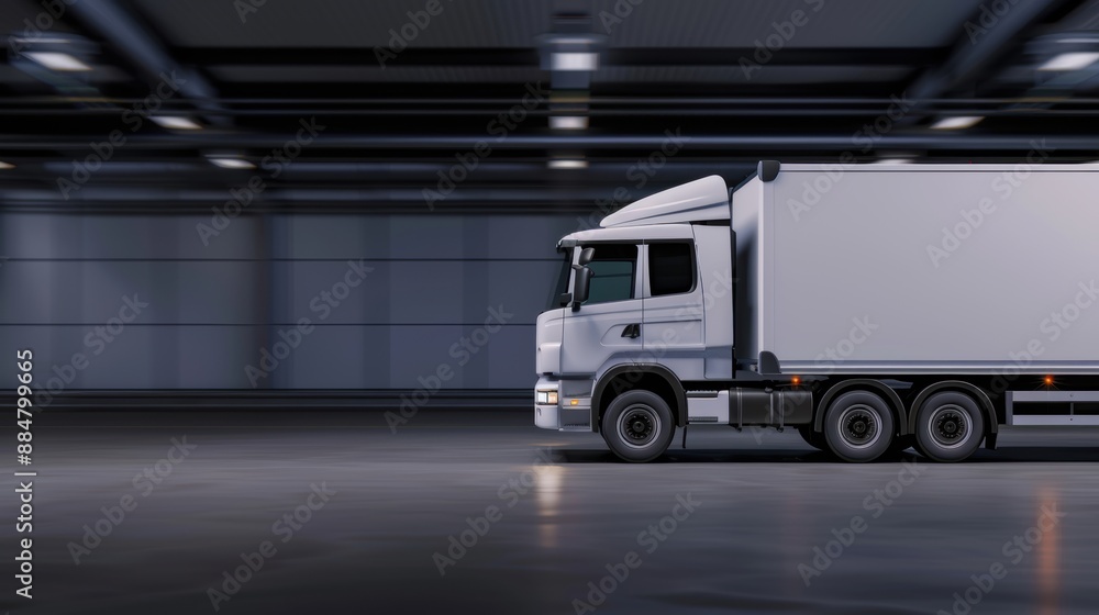 Poster delivery truck with holographic package data in motion, emphasizing seamless logistics and ample cop