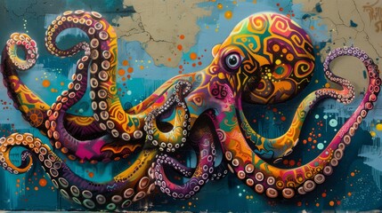 Obraz premium Graffiti art of a whimsical octopus, with tentacles swirling in dynamic patterns and vibrant colors, on an ocean-themed wall 