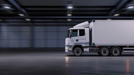 Delivery truck with holographic package data in motion, emphasizing seamless logistics and ample copy space, with a deep depth of field.