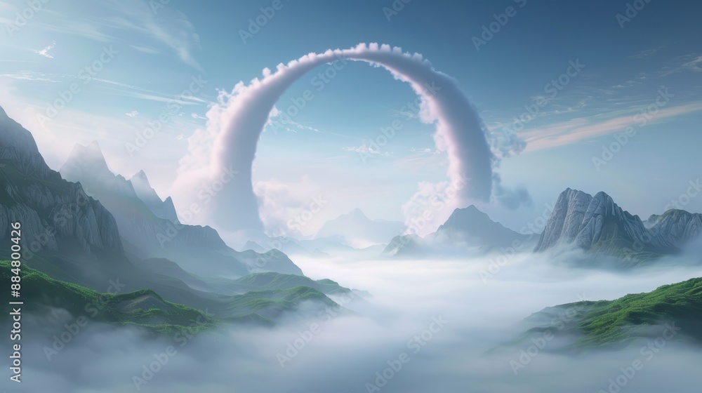 Poster a mountain range with a large cloud in the middle