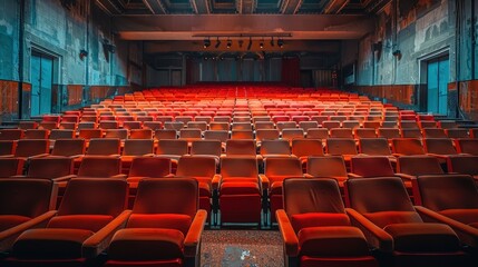 Empty Vintage Theater with Rows of Red Seats and Dramatic Lighting in an Old Building