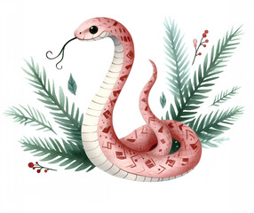 Fototapeta premium Watercolor painting of christmas theme snake on white background.