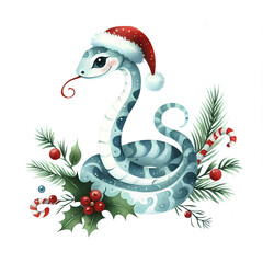 Naklejka premium Watercolor painting of christmas theme snake on white background.
