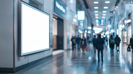 Modern Shopping Mall Interior with Blank Advertising Billboard and Blurred Shoppers